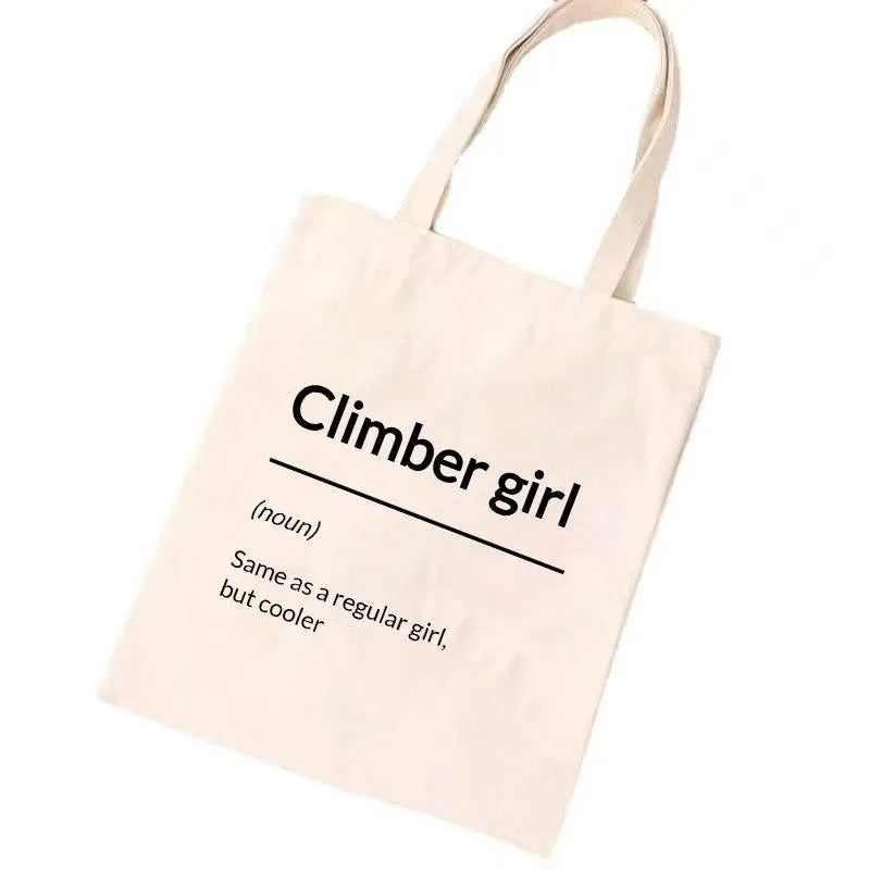 climber girl tote bag on bench sale