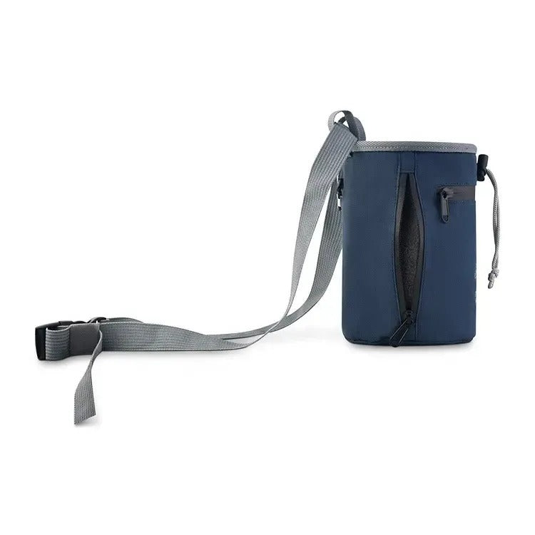 professional chalk bag next to climbing shoes