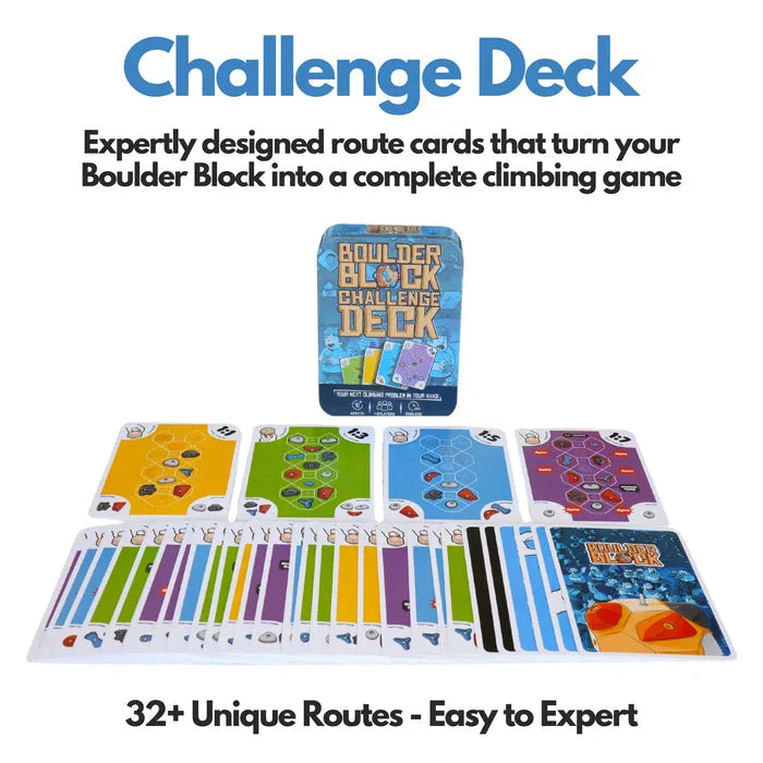 The Boulder Block Challenge Deck of route cards, from Yellow to Purple