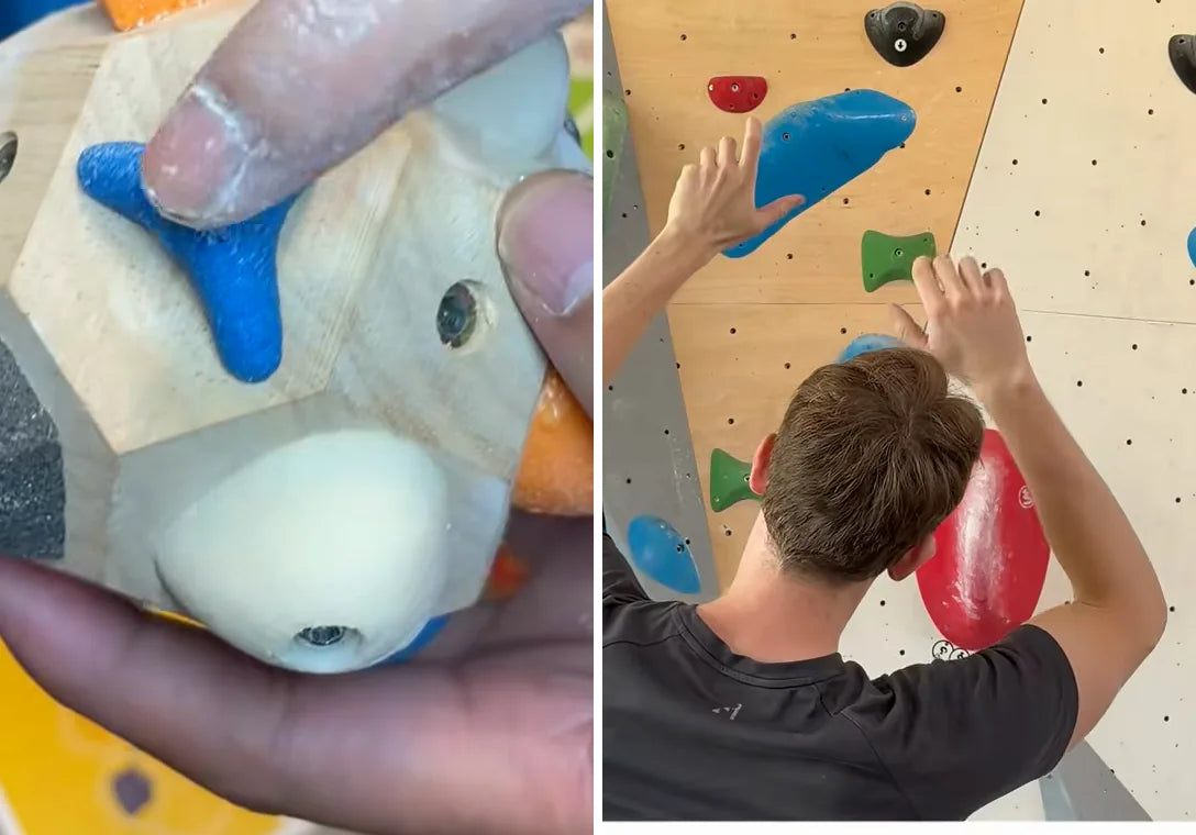 Split screen: fingers on the holds of the Boulder Block on one side, a climber working a bouldering wall on the other