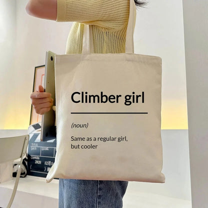 climber girl tote bag in climbing gear shop