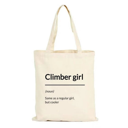 close up of climber girl tote bag buy