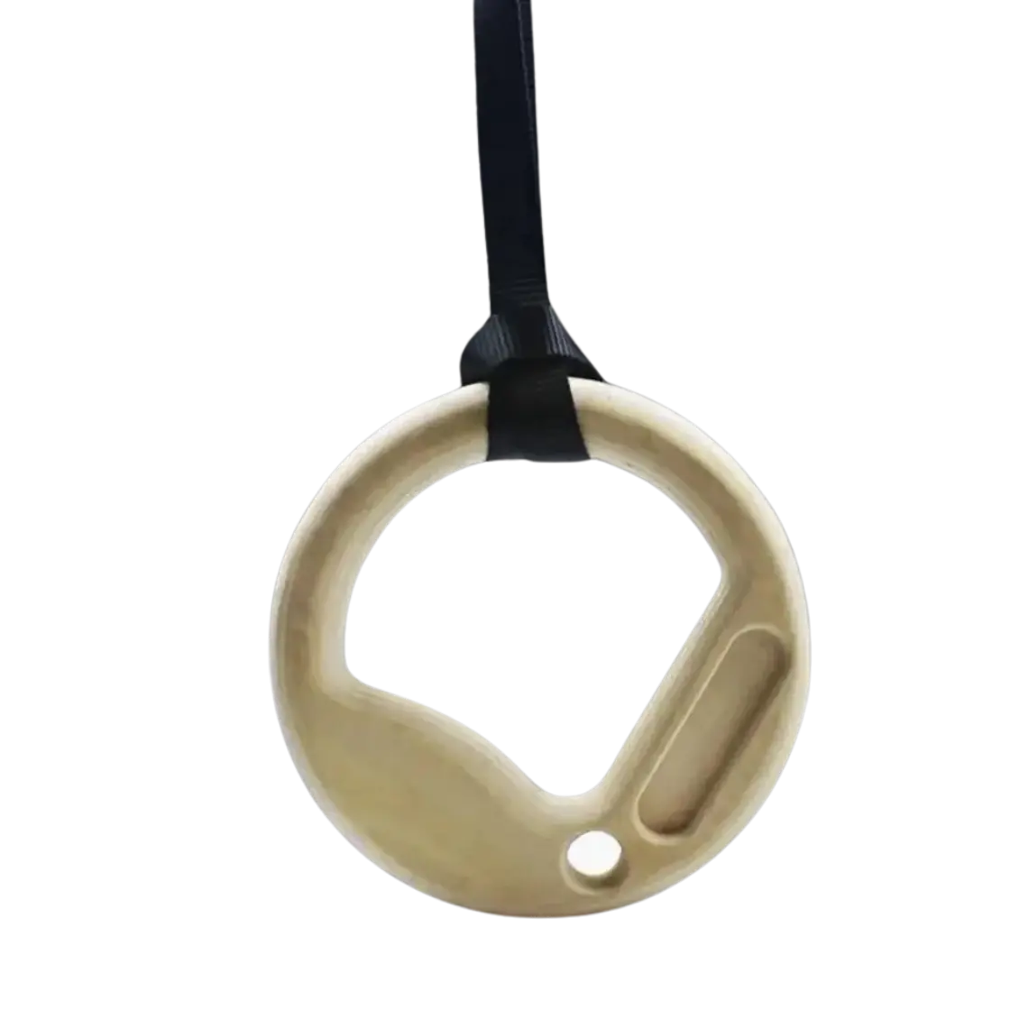 close up of gymnastic hangboard rings with triple hangboard edges