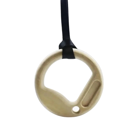 close up of gymnastic hangboard rings with triple hangboard edges
