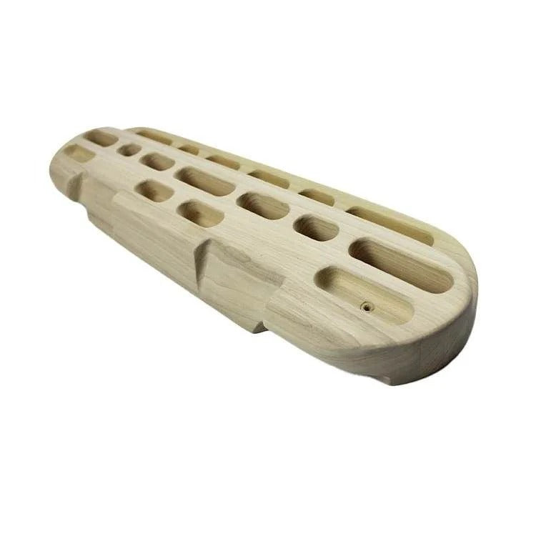 close up of wall mounted wooden hangboard