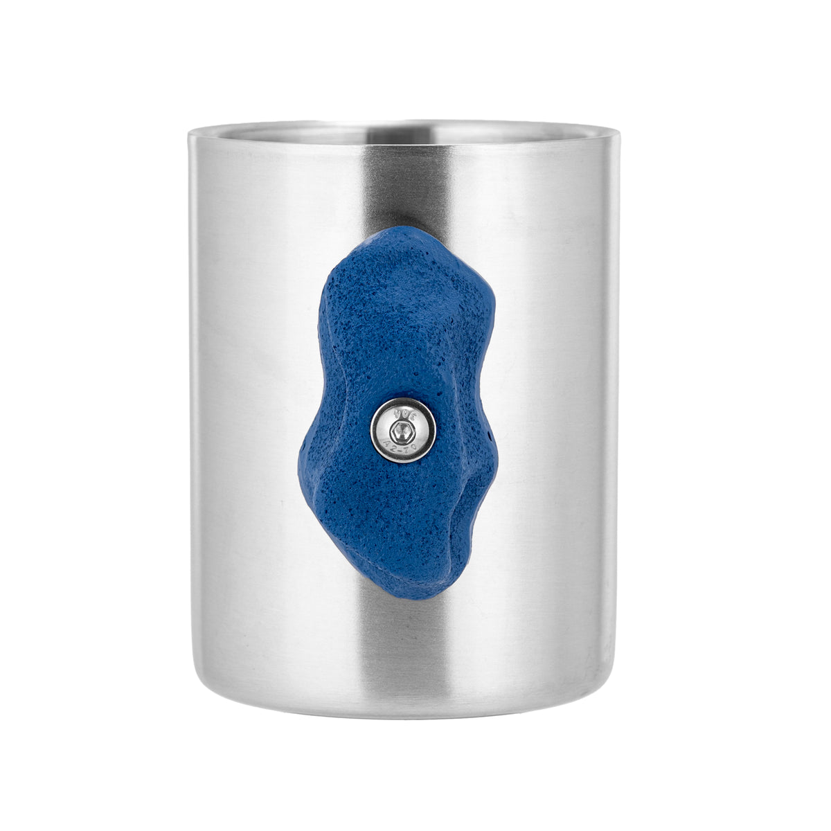 Blue metal climbing hold mug, front view