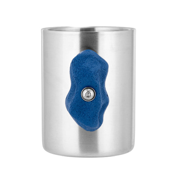 Blue metal climbing hold mug, front view