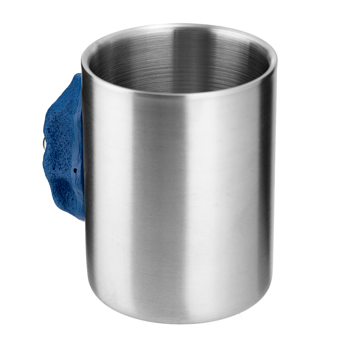 Blue metal climbing hold mug, side and open-top view