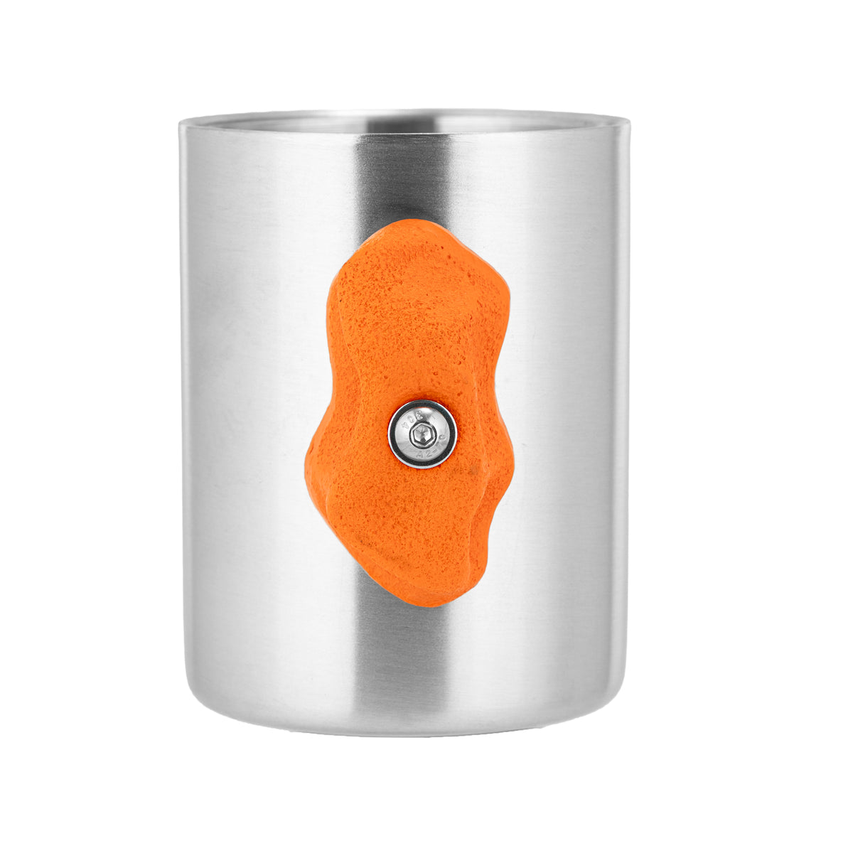 Orange metal climbing hold mug, front view