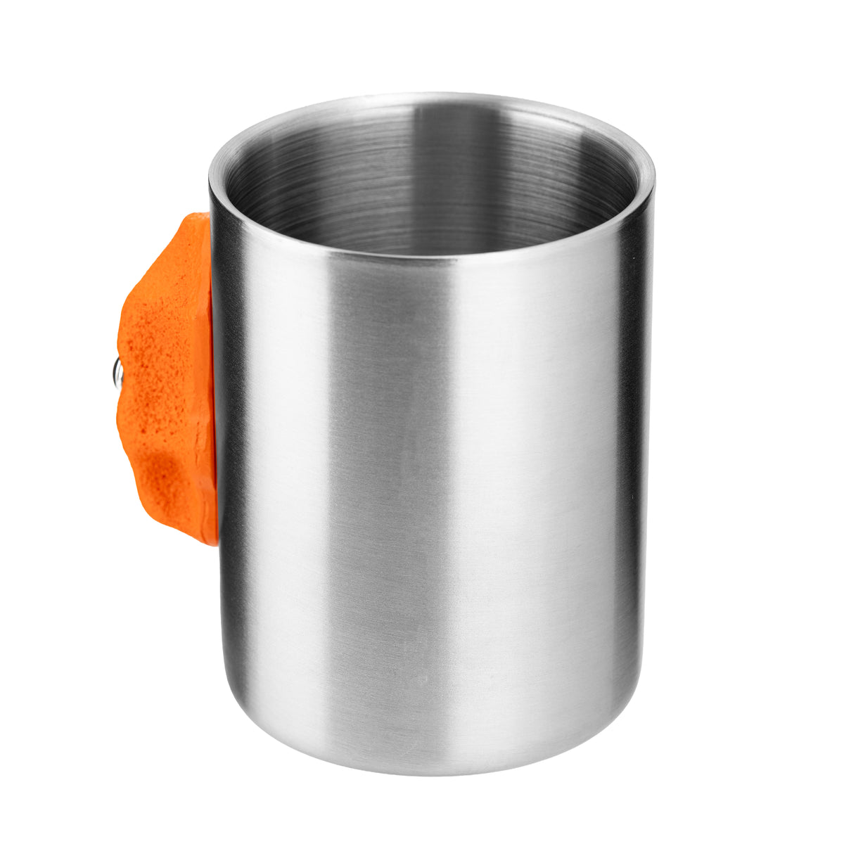 Orange metal climbing hold mug, side and open-top view