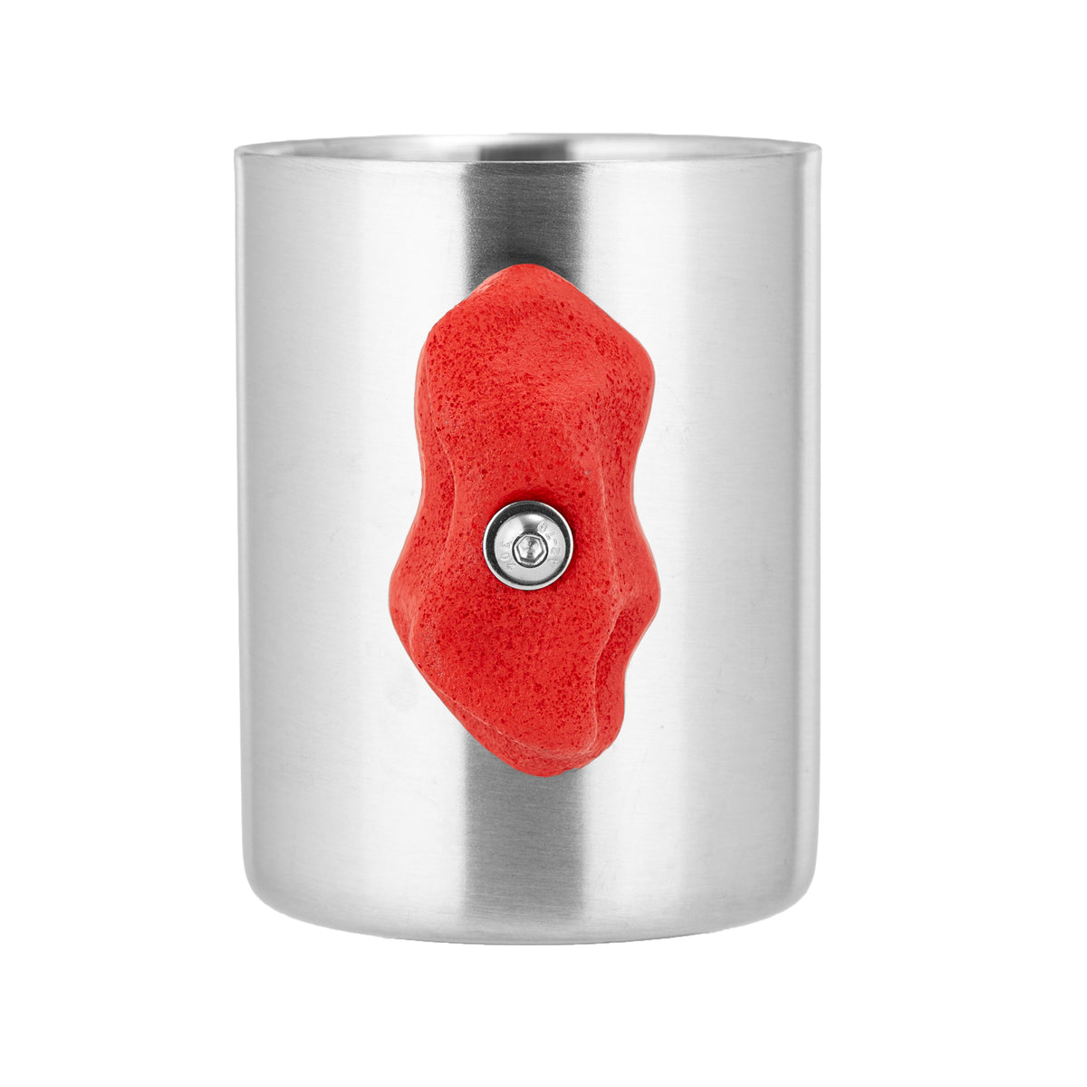 Red metal climbing hold mug, front view