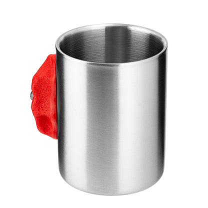 Red metal climbing hold mug, side and open-top view