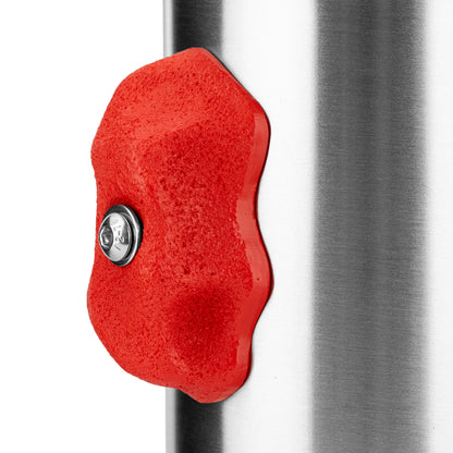 Close-up of the textured red hold and bolt detail