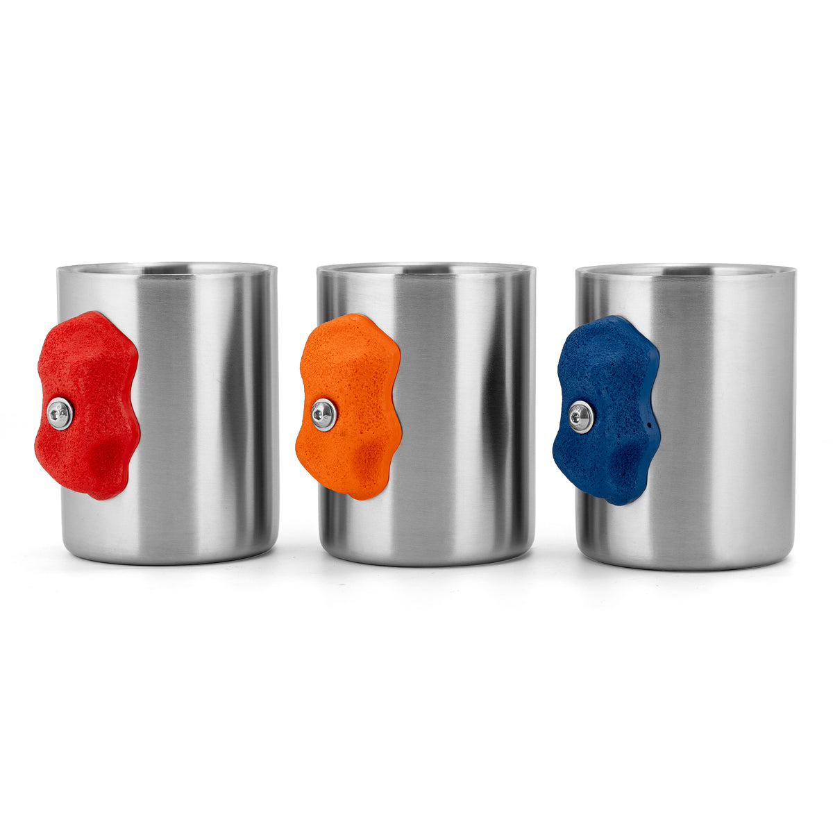 Blue, orange and red metal climbing hold mugs; choose your colour and quantity