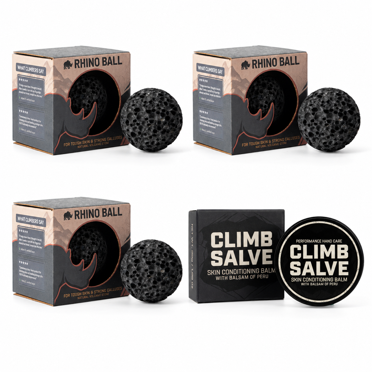 3 Rhino Balls and 1 Climb Salve — boxes included