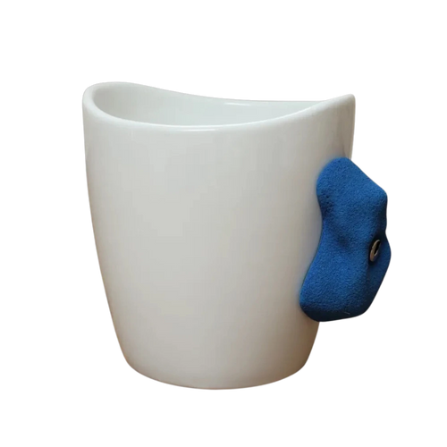 rock climbing mug with blue handle