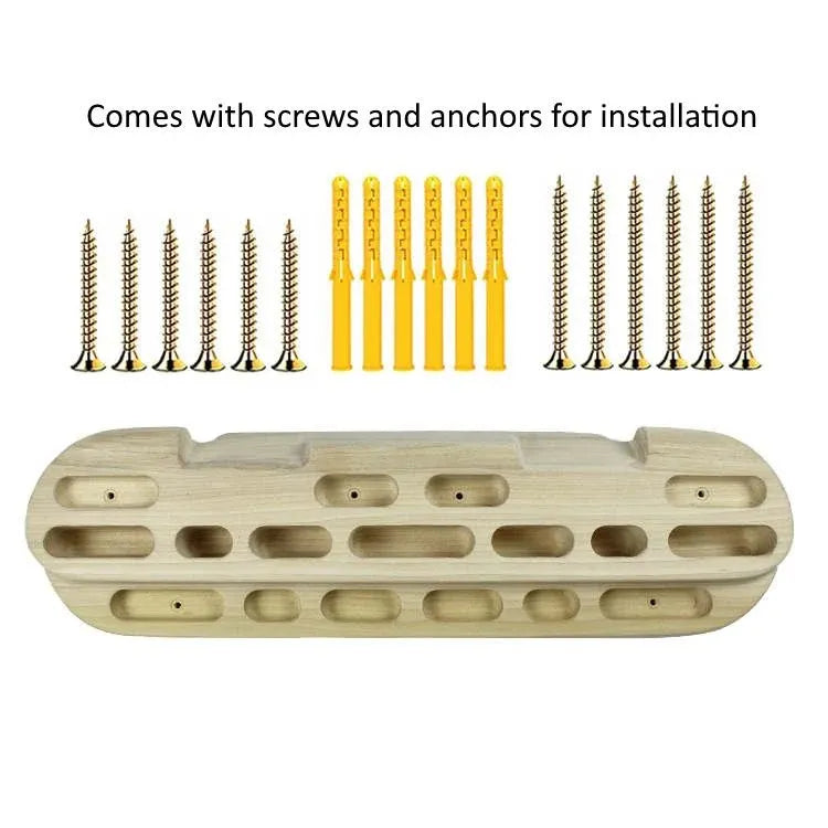 wall mounted wooden hangboard on climbing wall