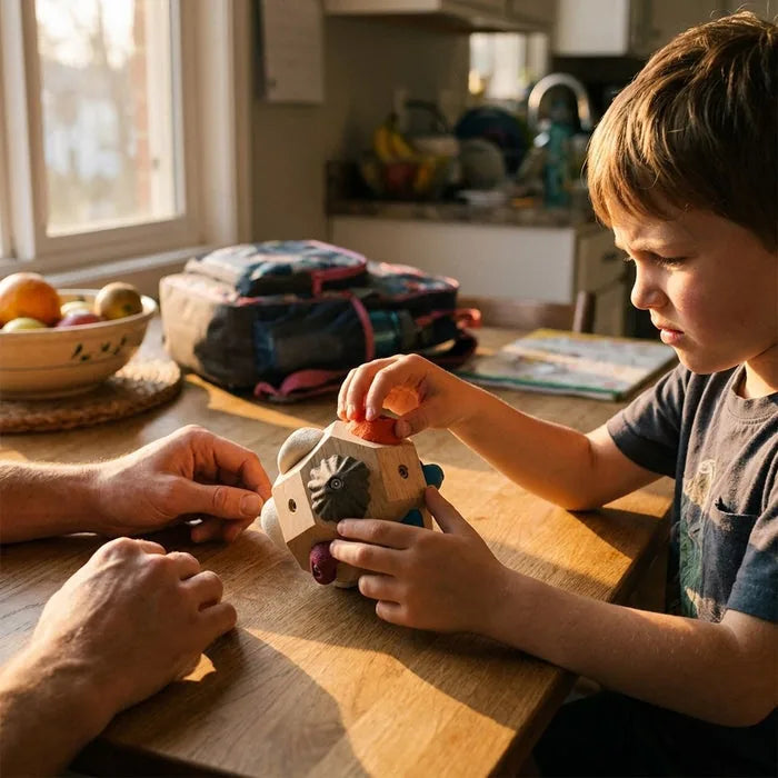 A boy at the kitchen table working a route on a Boulder Block while a parent watches